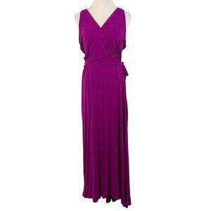 Ann Taylor Dress Women's Large Sleeveless V Neck Tie Waist Jersey Maxi Purple
